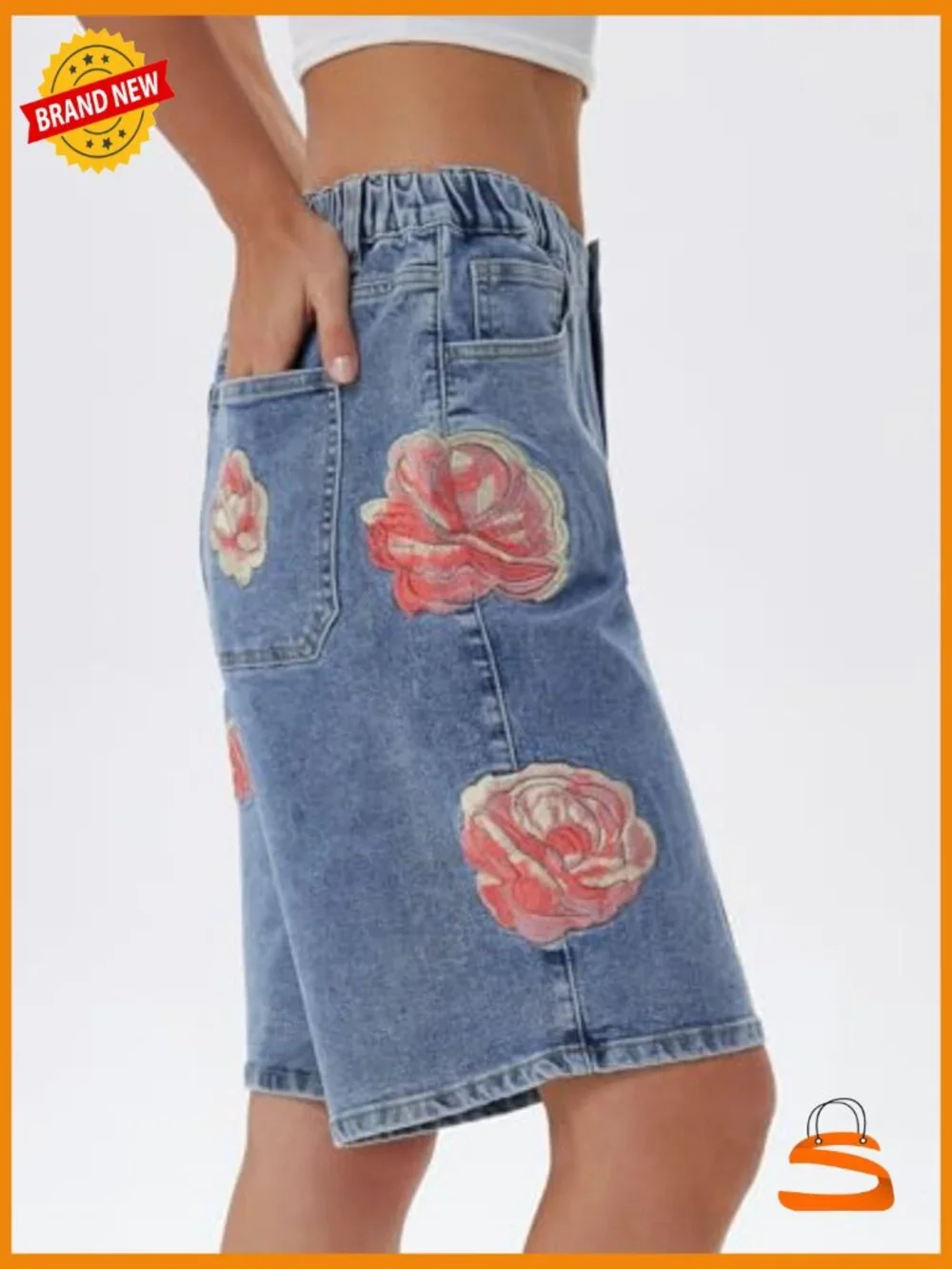 Bermuda Jean Shorts Mid Rise Baggy Stretchy Embroidered Jorts with Pockets